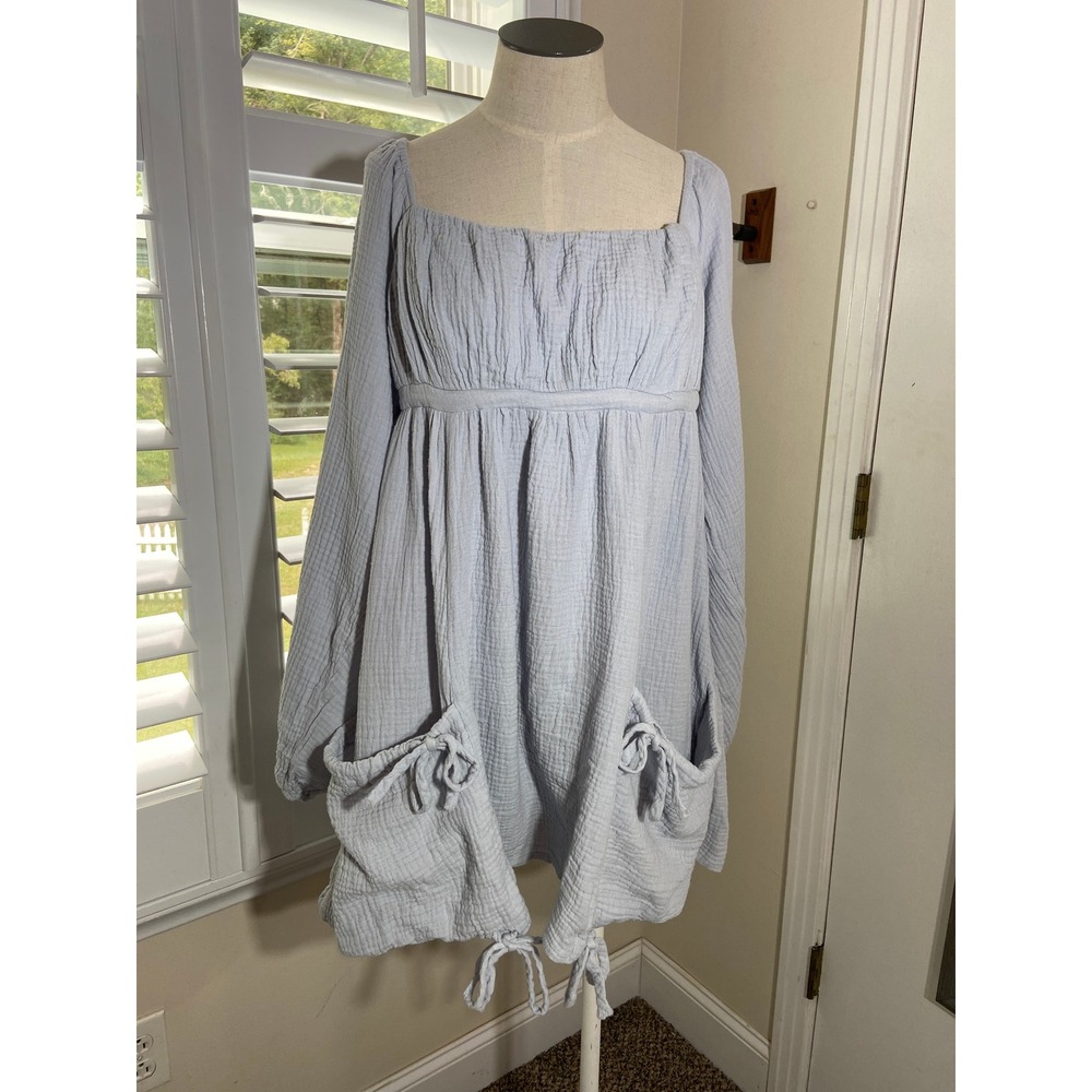 Boho Cotton Gauze Mini Dress XL Baby Blue Tie Pocket Bubble Hem Fairycore Tunic - Picture 1 of 7